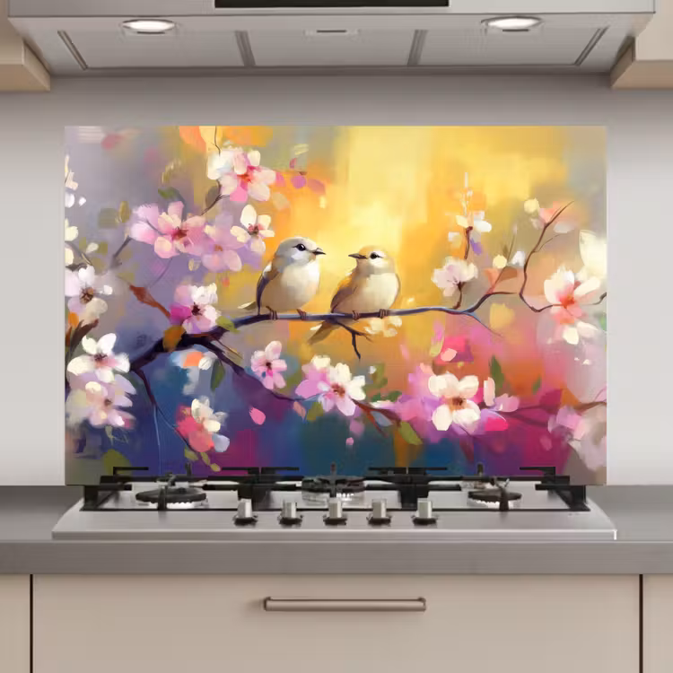 Spatscherm keuken - Vogels - Bloemen - Roze — 1