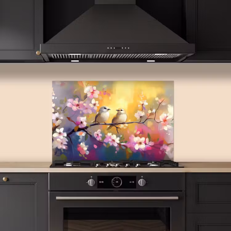 Spatscherm keuken - Vogels - Bloemen - Roze — 2