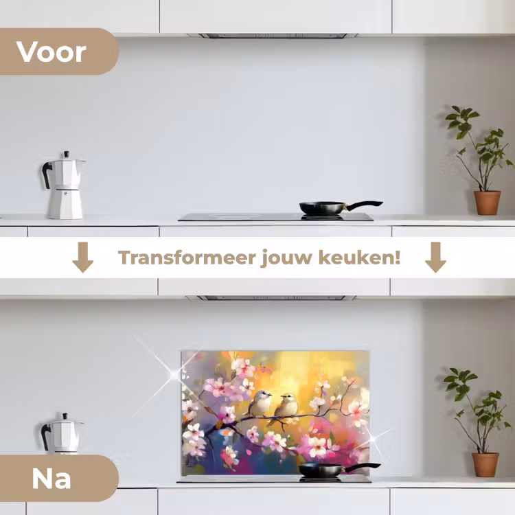 Spatscherm keuken - Vogels - Bloemen - Roze — 3
