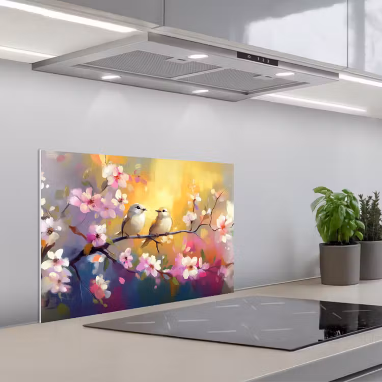 Spatscherm keuken - Vogels - Bloemen - Roze — 5