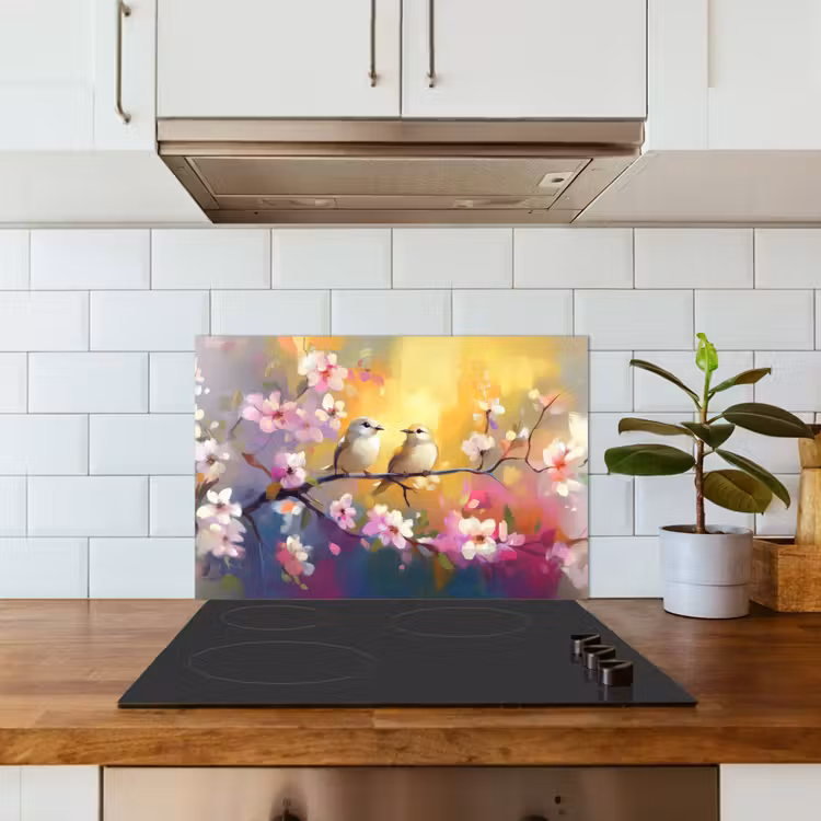 Spatscherm keuken - Vogels - Bloemen - Roze — 6