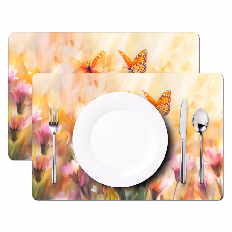Placemat - 6 stuks - Vlinders - Oranje - Bloemen — 2
