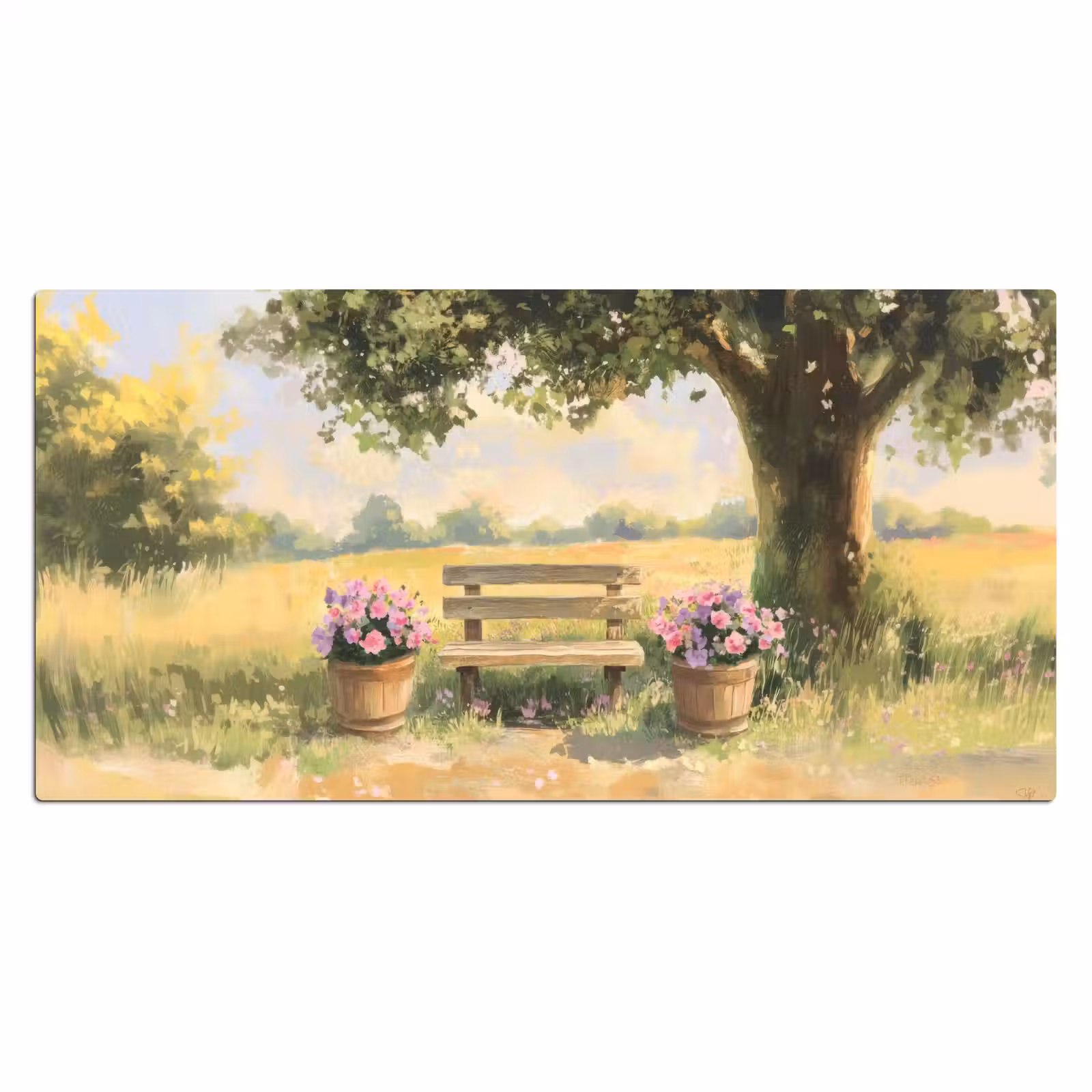 Bureau onderlegger - Houten bankje - Bloempotten - Landschap — 1