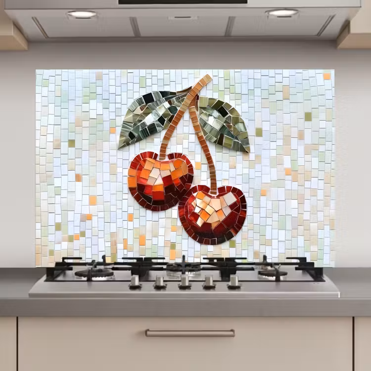 Spatscherm keuken - Kersen - Rood - Mozaïek - Blaadjes — 1