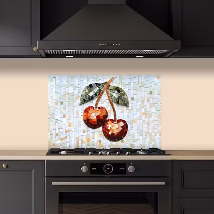Spatscherm keuken - Kersen - Rood - Mozaïek - Blaadjes — 2