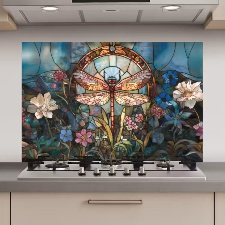 Spatscherm keuken - Libelle - Mozaïek - Bloemen - Kleurrijk — 1