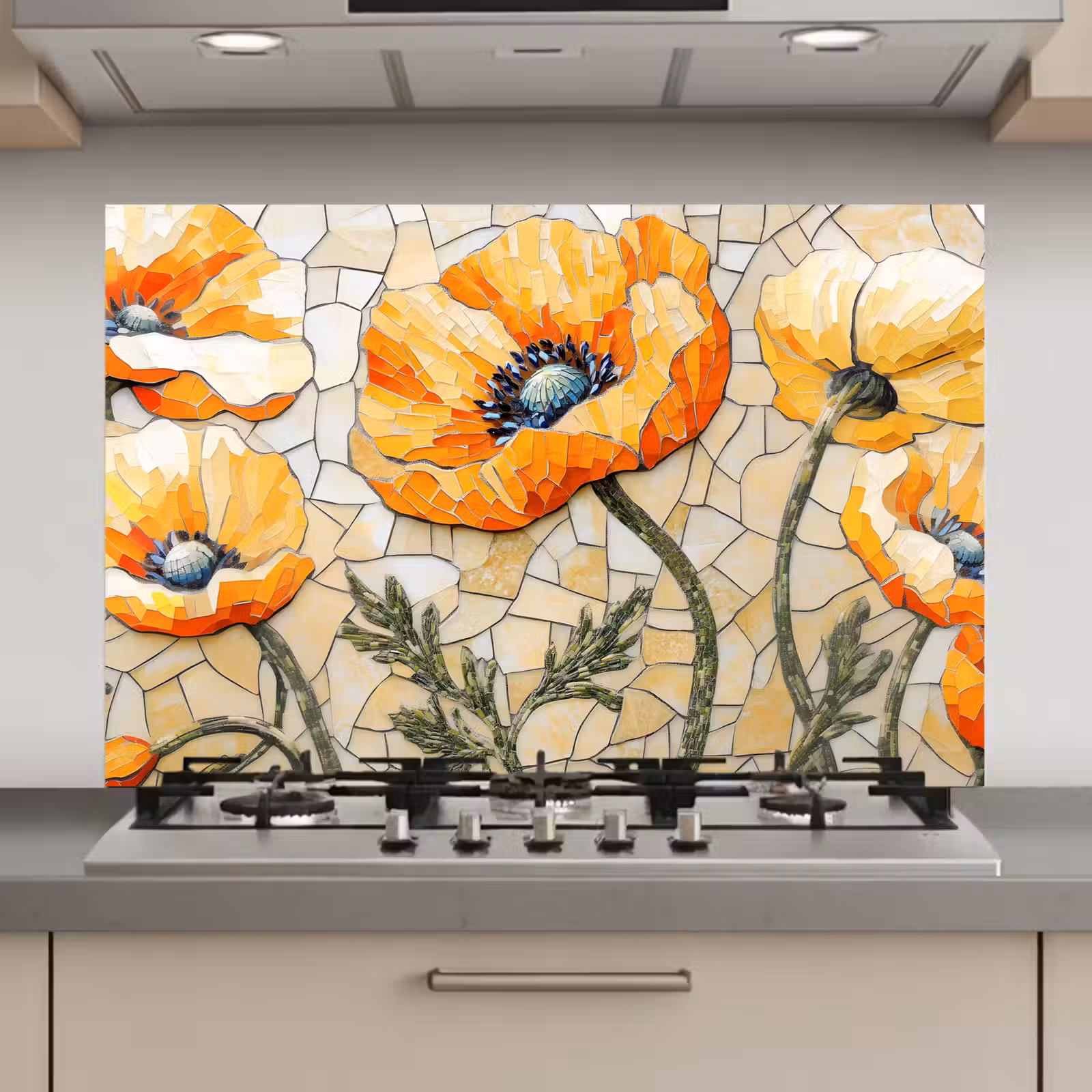 Spatscherm keuken - Klaprozen - Oranje - Mozaïek - Bladeren — 1