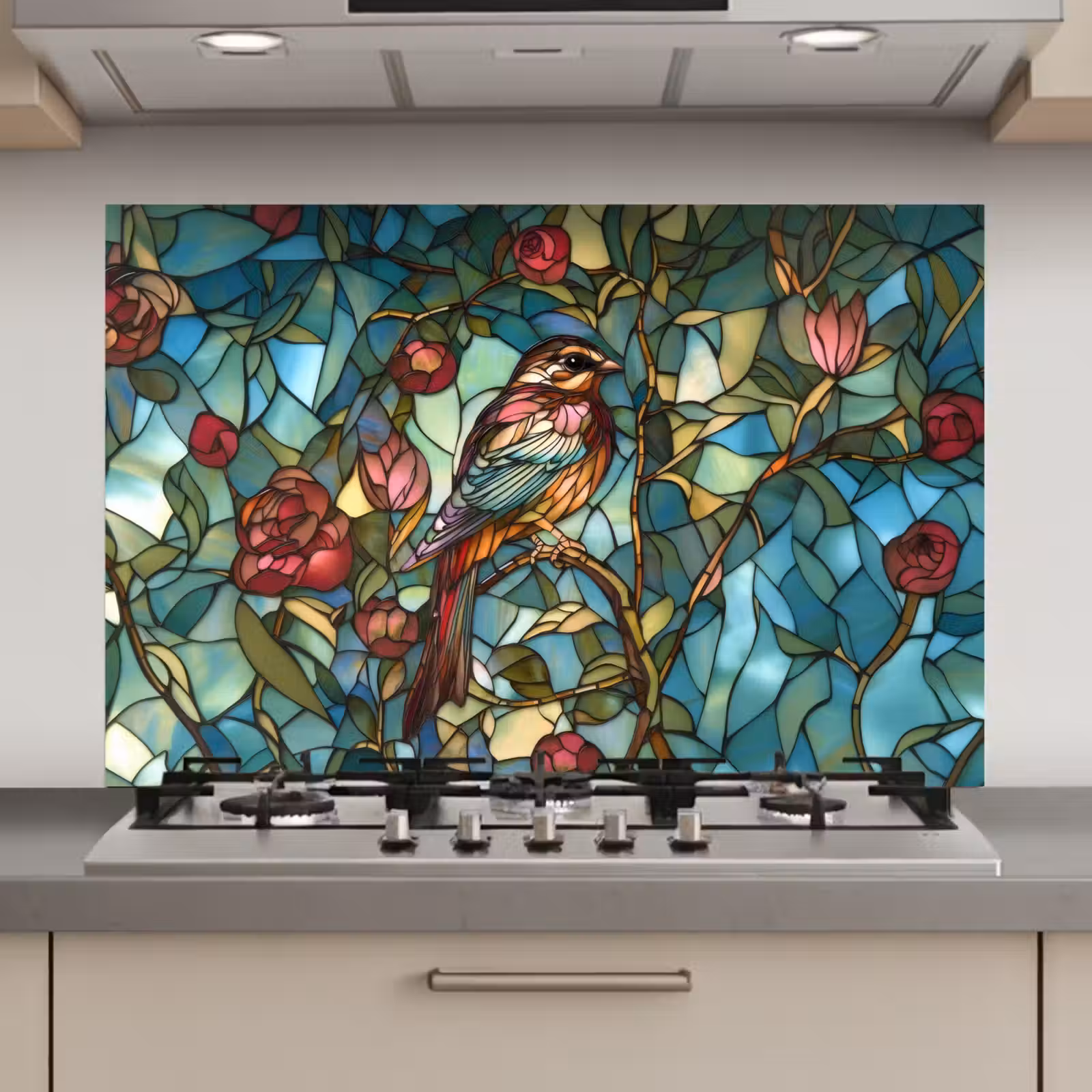 Spatscherm keuken - Vogel - Tak - Rozen - Mozaïek — 1