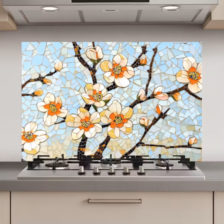 Spatscherm keuken - Bloesems - Wit - Mozaïek - Tak — 1