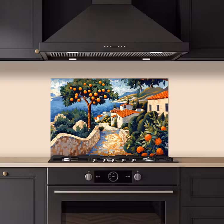 Spatscherm keuken - Huizen - Mozaïek - Sinaasappelbomen - Zee — 2