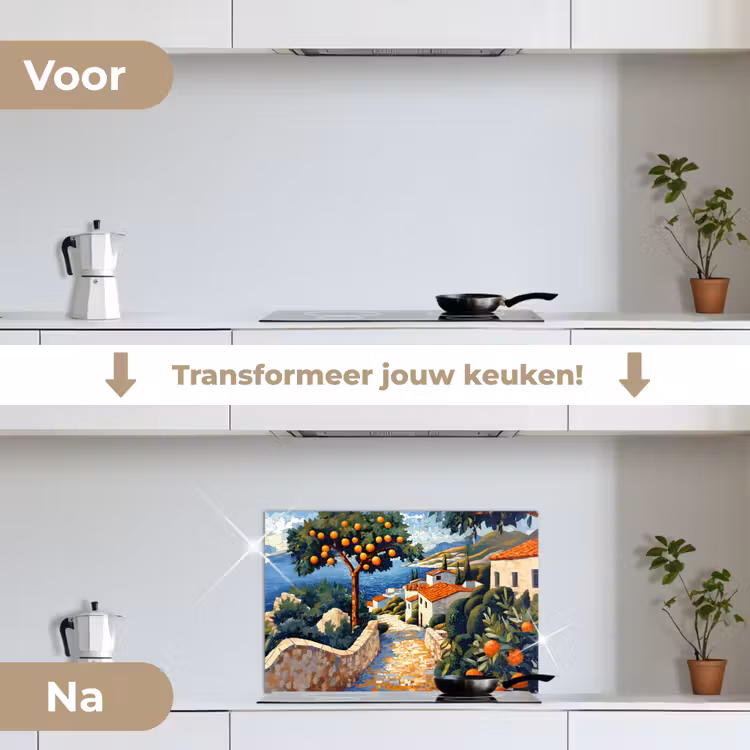 Spatscherm keuken - Huizen - Mozaïek - Sinaasappelbomen - Zee — 3