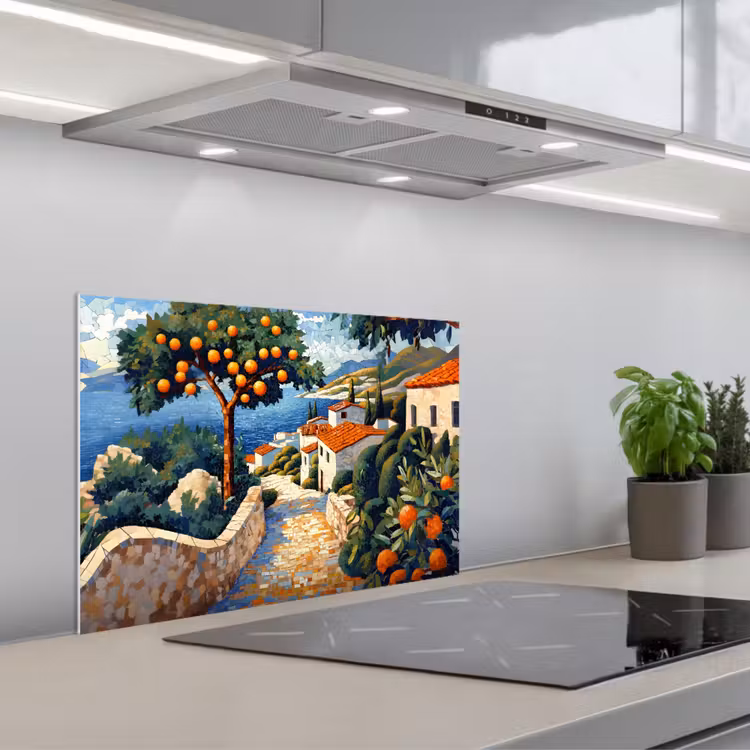 Spatscherm keuken - Huizen - Mozaïek - Sinaasappelbomen - Zee — 5