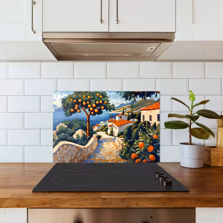 Spatscherm keuken - Huizen - Mozaïek - Sinaasappelbomen - Zee — 6