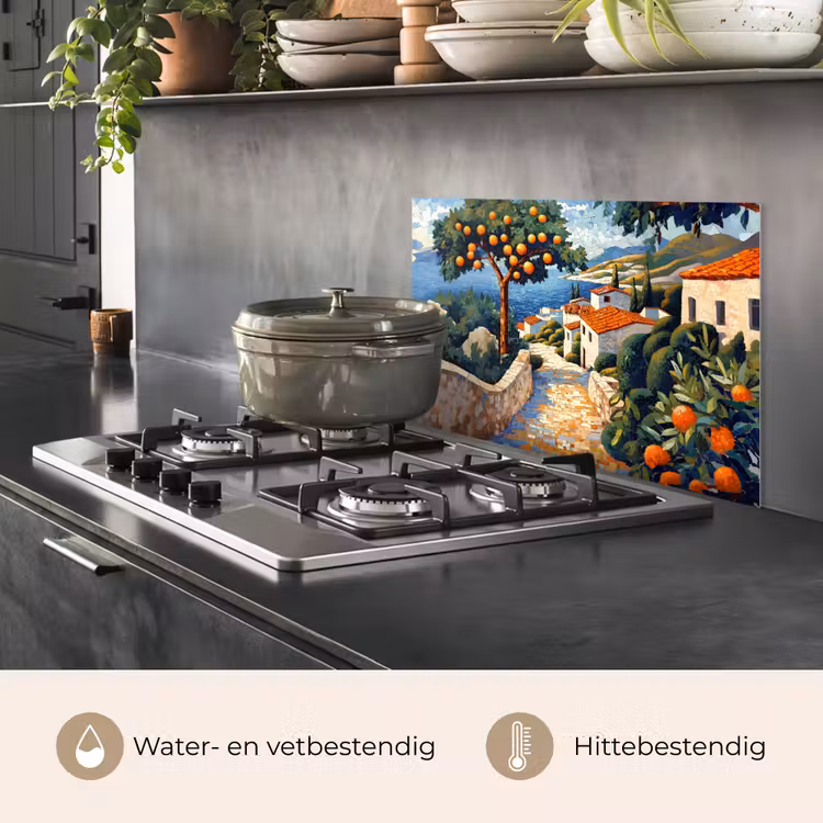 Spatscherm keuken - Huizen - Mozaïek - Sinaasappelbomen - Zee — 7