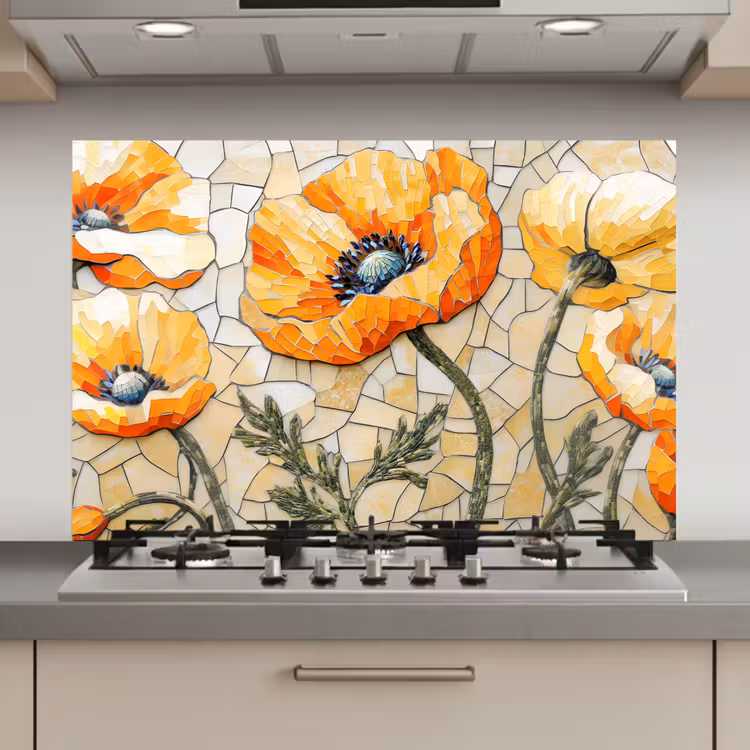 Spatscherm keuken - Klaprozen - Oranje - Mozaïek - Bladeren — 1
