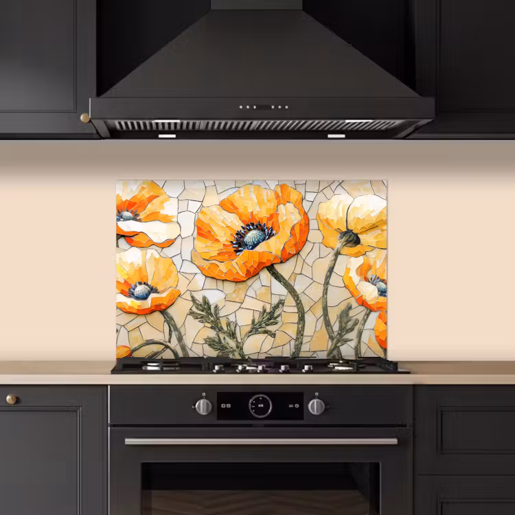 Spatscherm keuken - Klaprozen - Oranje - Mozaïek - Bladeren — 2