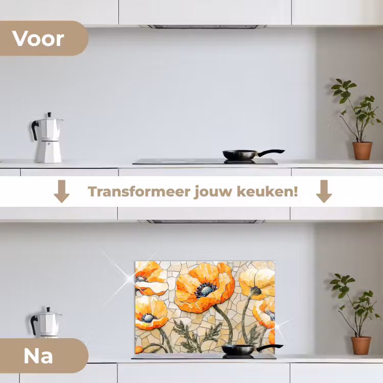 Spatscherm keuken - Klaprozen - Oranje - Mozaïek - Bladeren — 3