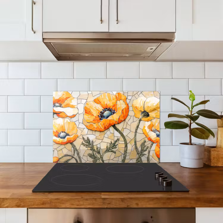 Spatscherm keuken - Klaprozen - Oranje - Mozaïek - Bladeren — 6