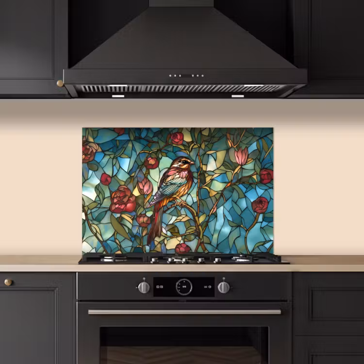 Spatscherm keuken - Vogel - Tak - Rozen - Mozaïek — 2