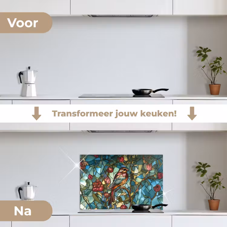 Spatscherm keuken - Vogel - Tak - Rozen - Mozaïek — 3