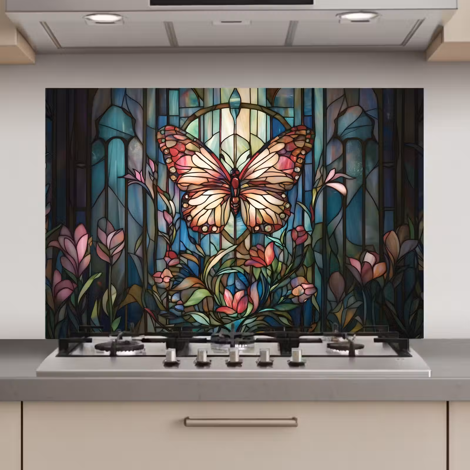 Spatscherm keuken - Vlinder - Roze - Bloemen - Bladeren — 1