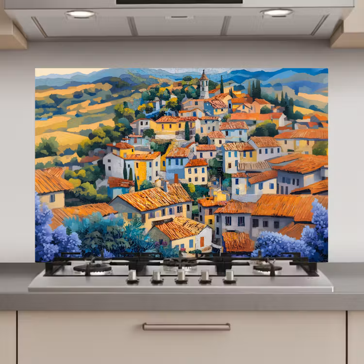 Spatscherm keuken - Dorp - Heuvels - Landschap - Bomen — 1