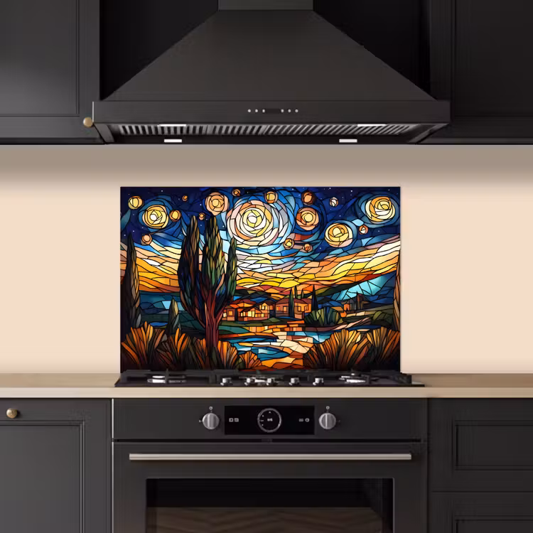 Spatscherm keuken - Hemel - Sterren - Mozaïek - Huizen — 2