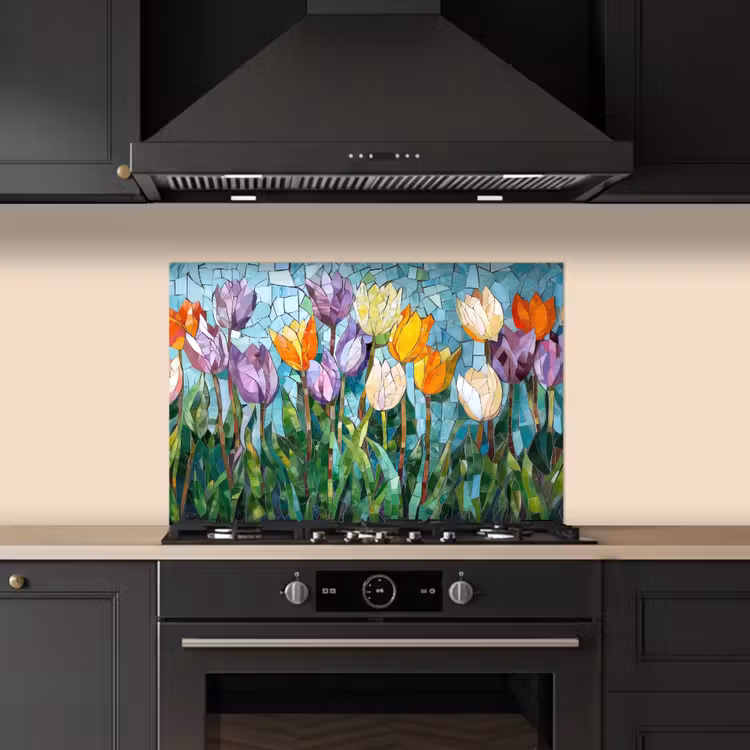 Spatscherm keuken - Mozaïek - Veld - Tulpen - Kleurrijk — 2