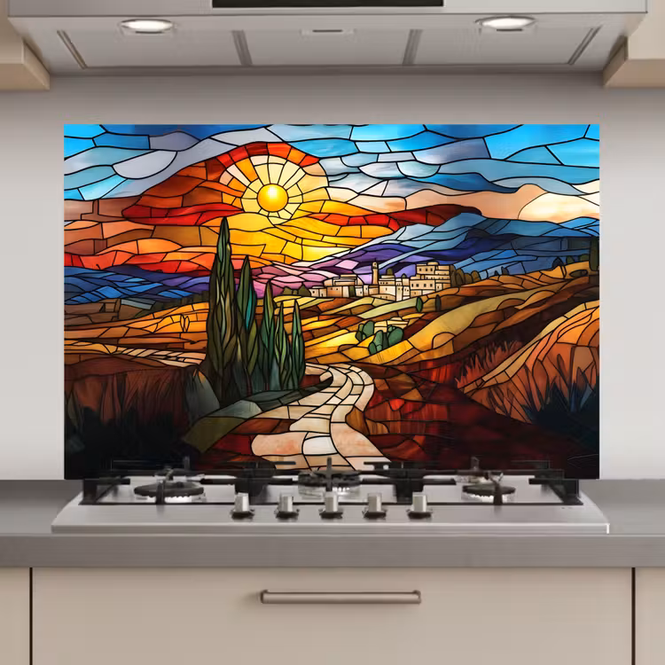 Spatscherm keuken - Mozaïek - Zon - Landschap - Dorp — 1