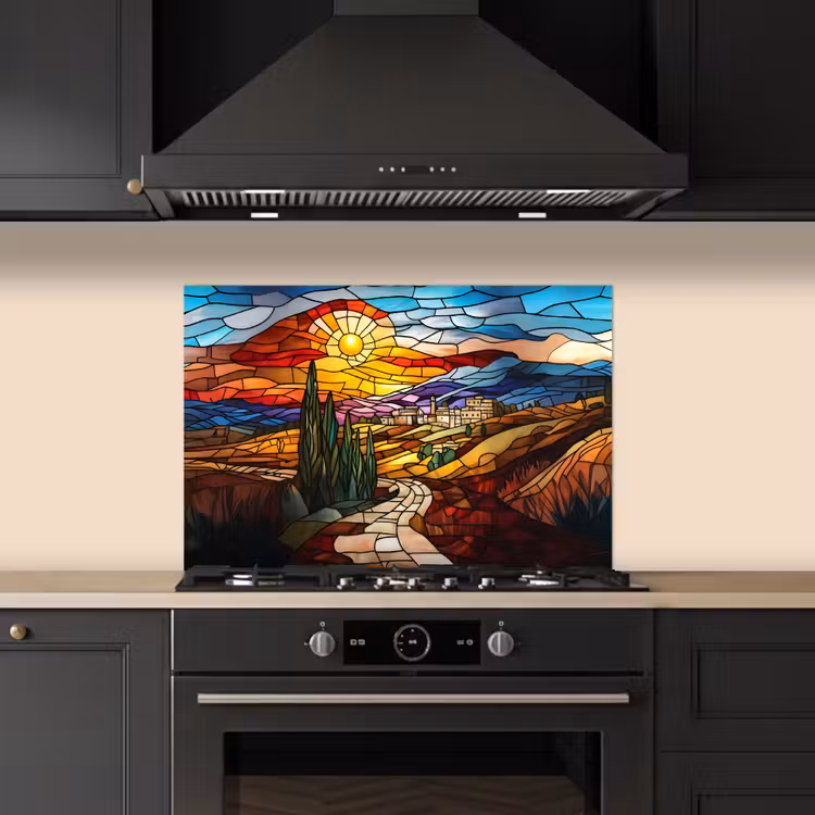 Spatscherm keuken - Mozaïek - Zon - Landschap - Dorp — 2