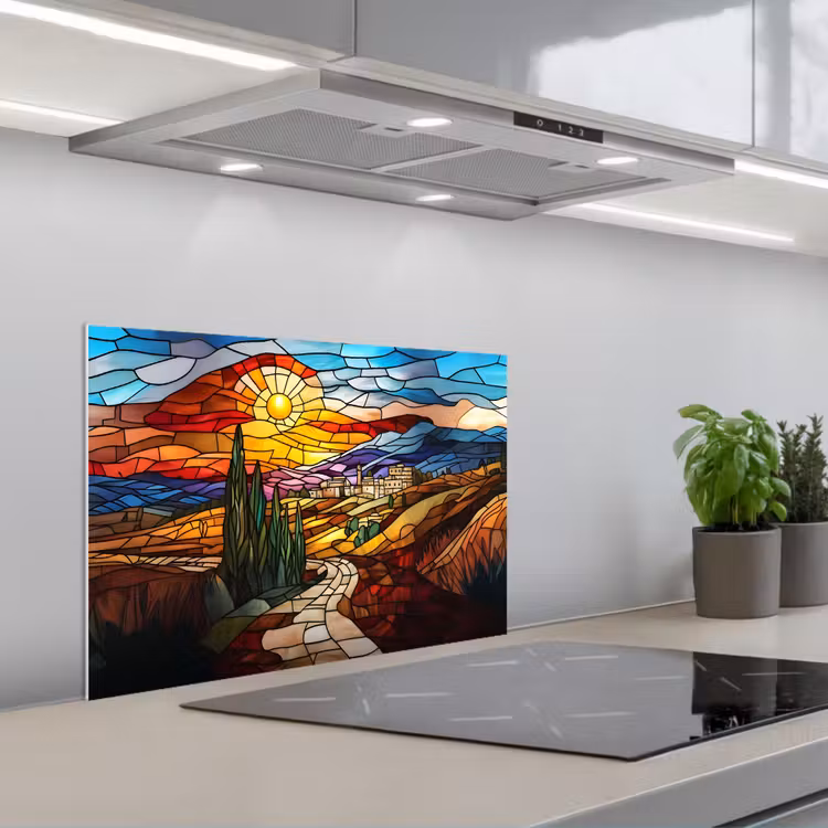 Spatscherm keuken - Mozaïek - Zon - Landschap - Dorp — 5