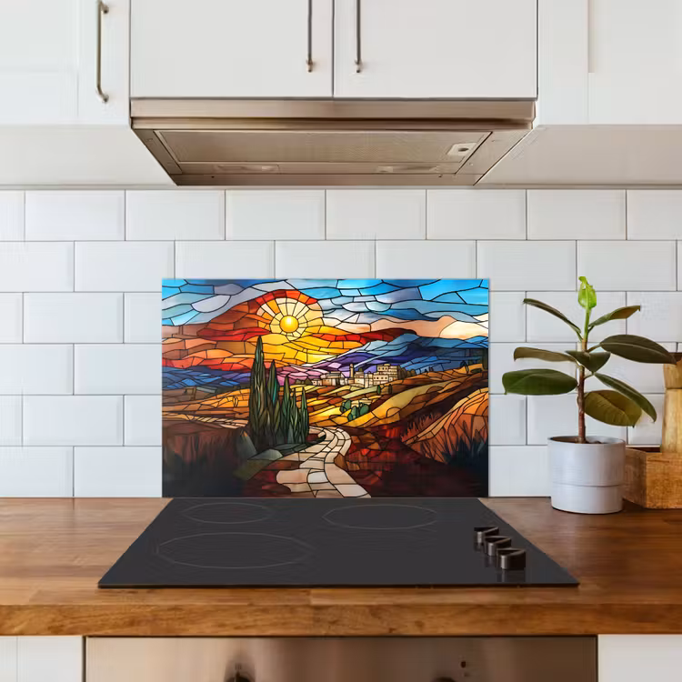 Spatscherm keuken - Mozaïek - Zon - Landschap - Dorp — 6