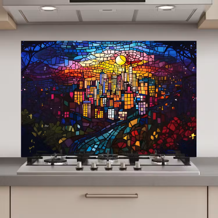 Spatscherm keuken - Stad - Maan - Mozaïek - Kleurrijk — 1