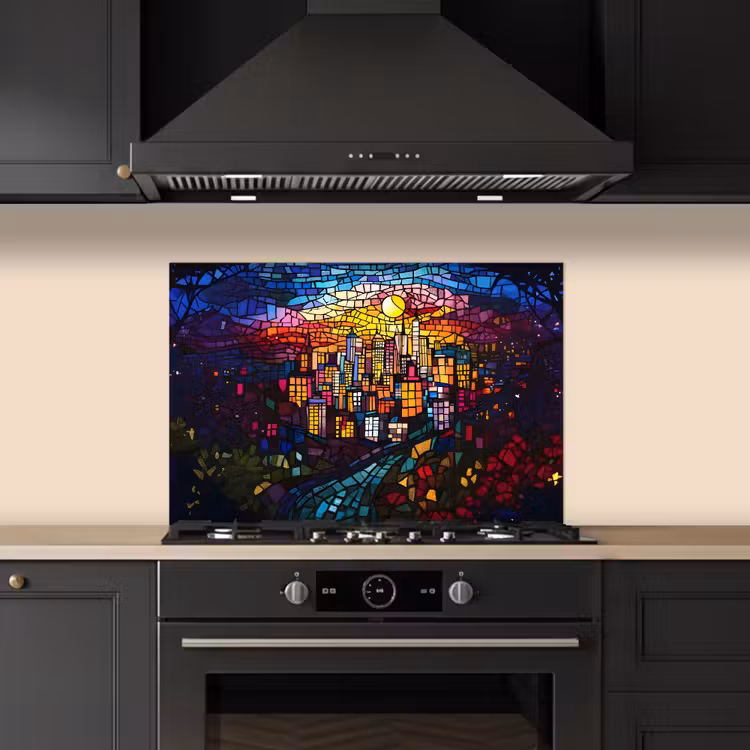 Spatscherm keuken - Stad - Maan - Mozaïek - Kleurrijk — 2