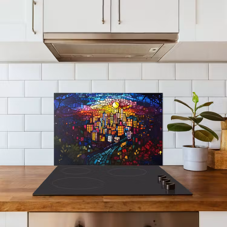Spatscherm keuken - Stad - Maan - Mozaïek - Kleurrijk — 6
