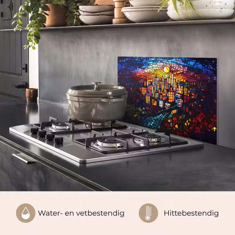 Spatscherm keuken - Stad - Maan - Mozaïek - Kleurrijk — 7