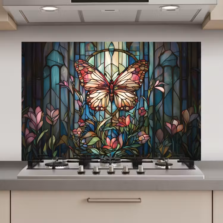 Spatscherm keuken - Vlinder - Roze - Bloemen - Bladeren — 1