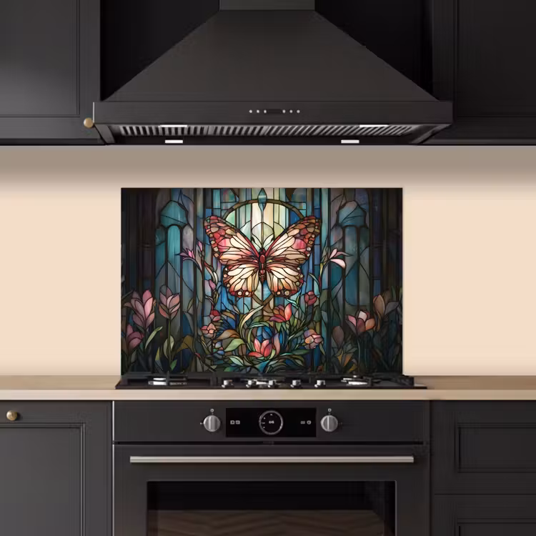Spatscherm keuken - Vlinder - Roze - Bloemen - Bladeren — 2