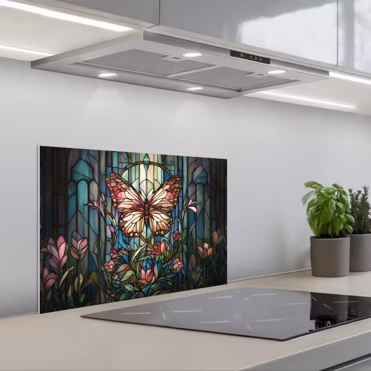 Spatscherm keuken - Vlinder - Roze - Bloemen - Bladeren — 5