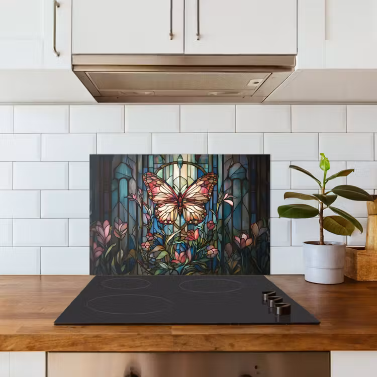 Spatscherm keuken - Vlinder - Roze - Bloemen - Bladeren — 6