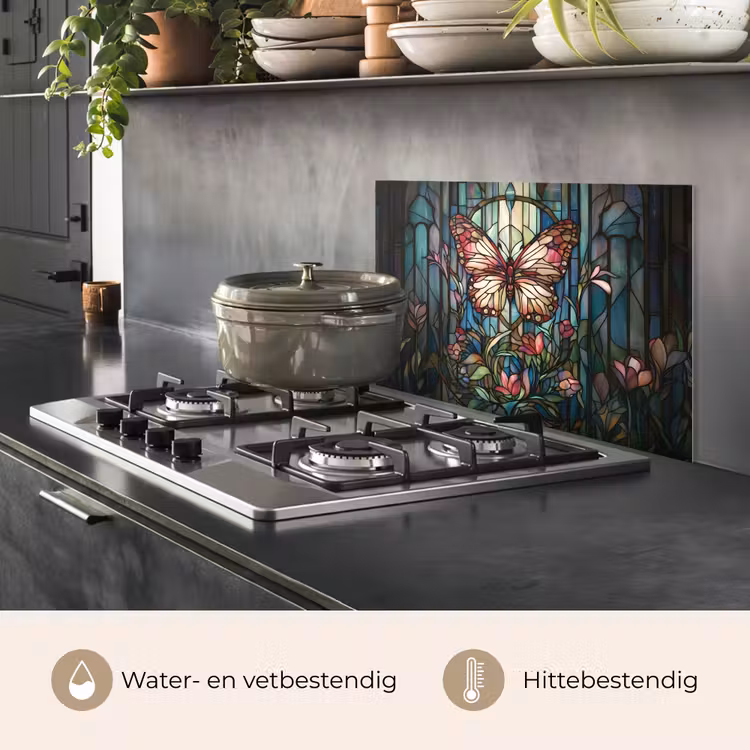 Spatscherm keuken - Vlinder - Roze - Bloemen - Bladeren — 7