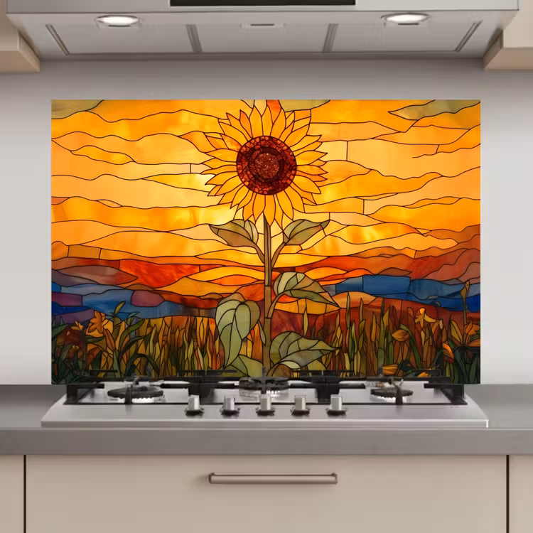 Spatscherm keuken - Zonnebloem - Mozaïek - Zonsondergang - Geel — 1