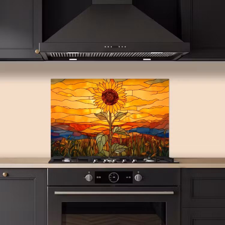Spatscherm keuken - Zonnebloem - Mozaïek - Zonsondergang - Geel — 2