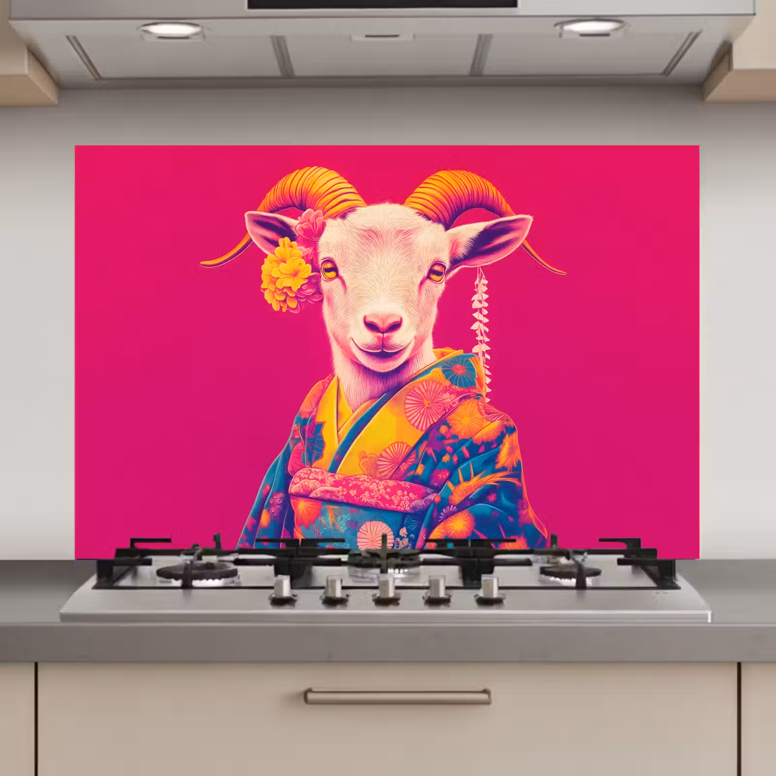 Spatscherm keuken - Geit - Hoorns - Kimono - Kleurrijk — 1