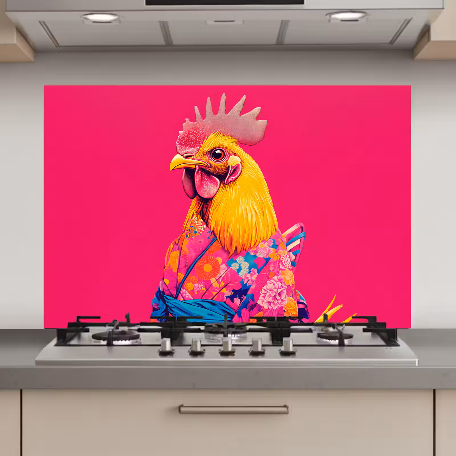Spatscherm keuken - Haan - Kleurrijk - Kimono - Roze — 1