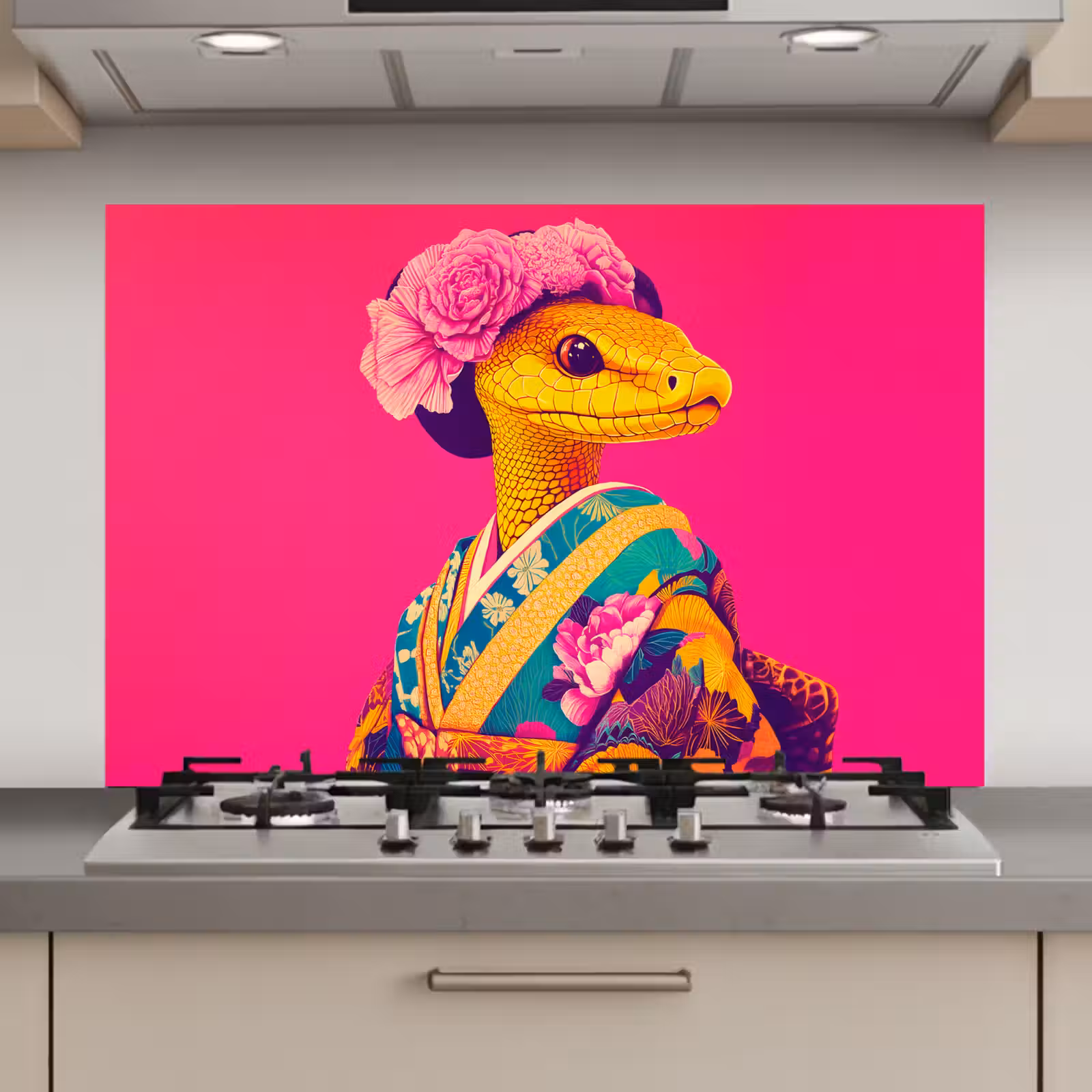 Spatscherm keuken - Hagedis - Bloemen - Roze - Kimono — 1