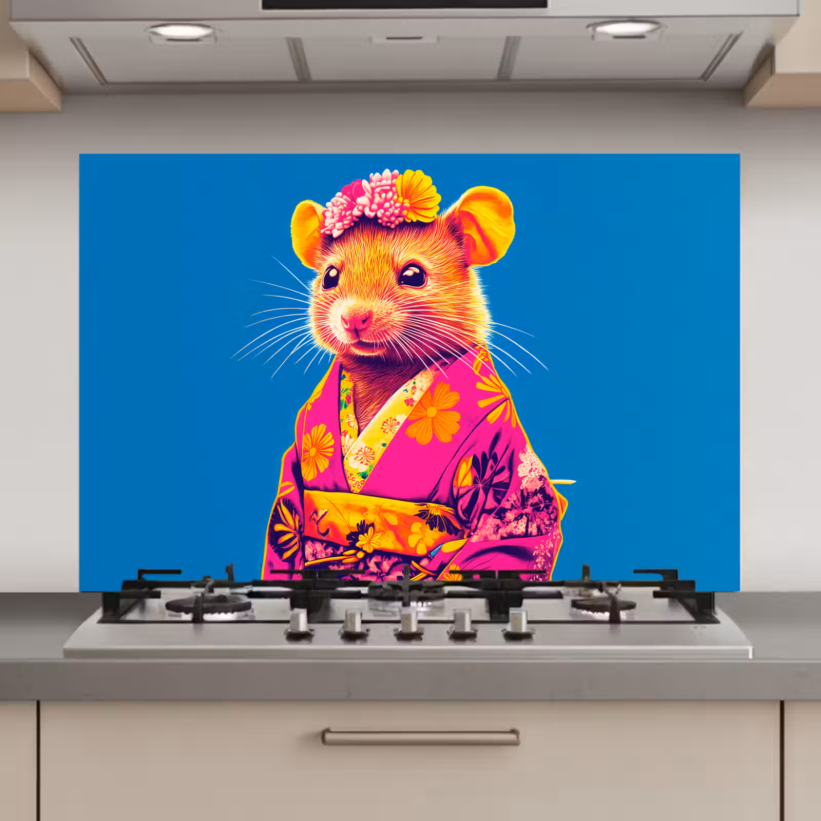 Spatscherm keuken - Muis - Kimono - Bloemen - Blauw — 1