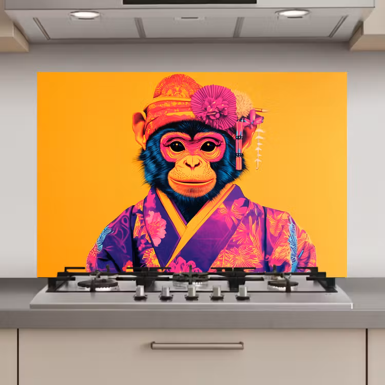 Spatscherm keuken - Aap - Kimono - Bloemen - Hoofdtooi — 1