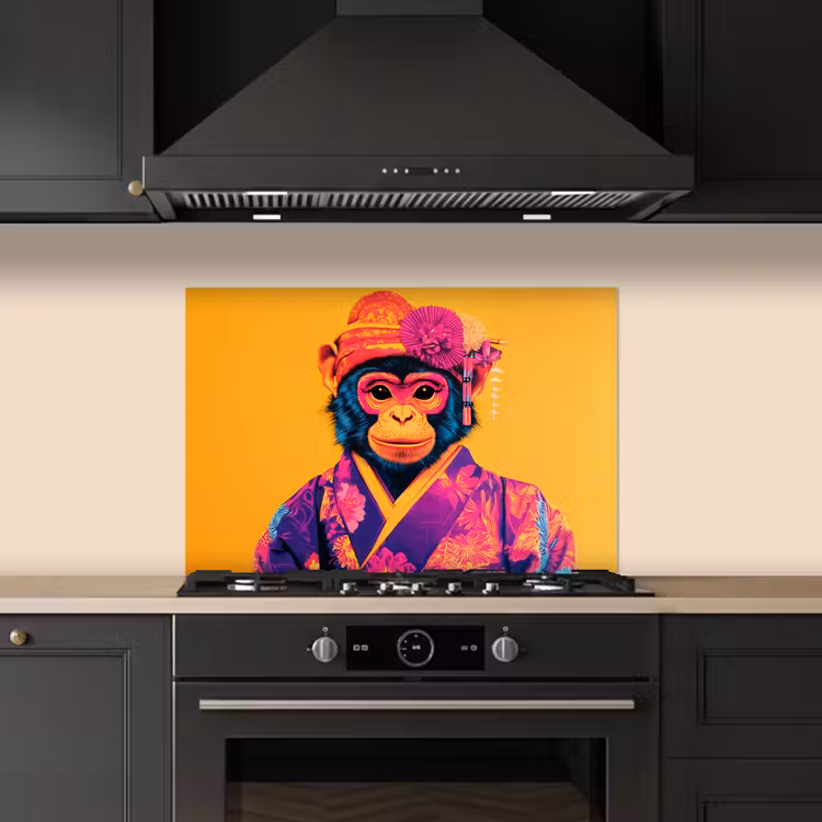 Spatscherm keuken - Aap - Kimono - Bloemen - Hoofdtooi — 2