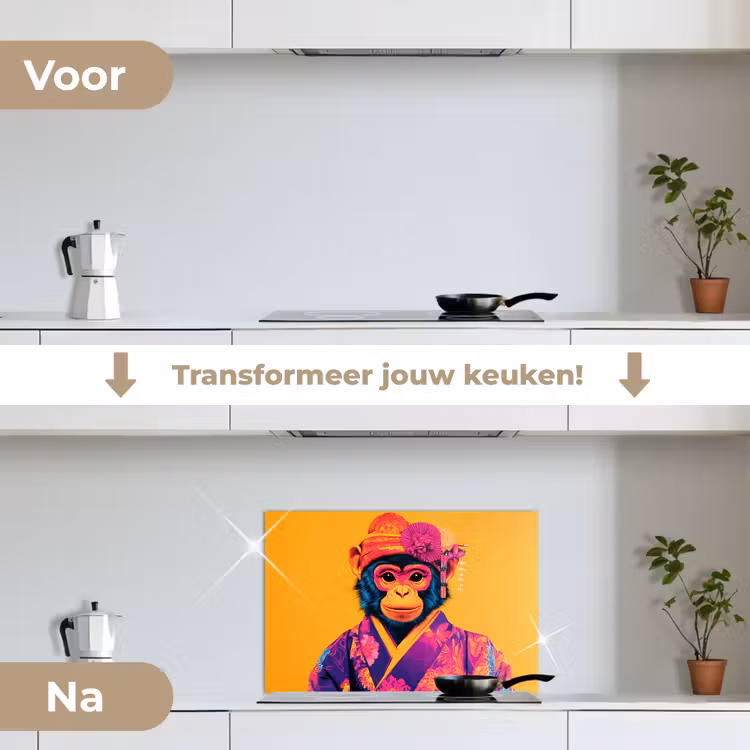 Spatscherm keuken - Aap - Kimono - Bloemen - Hoofdtooi — 3